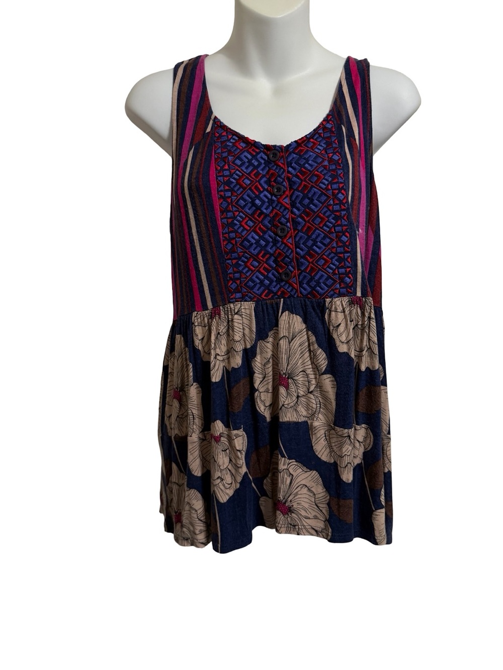 Anthropologie Multi-Stripe & Floral Mixed-Print Top with Pink & Blue Stripes